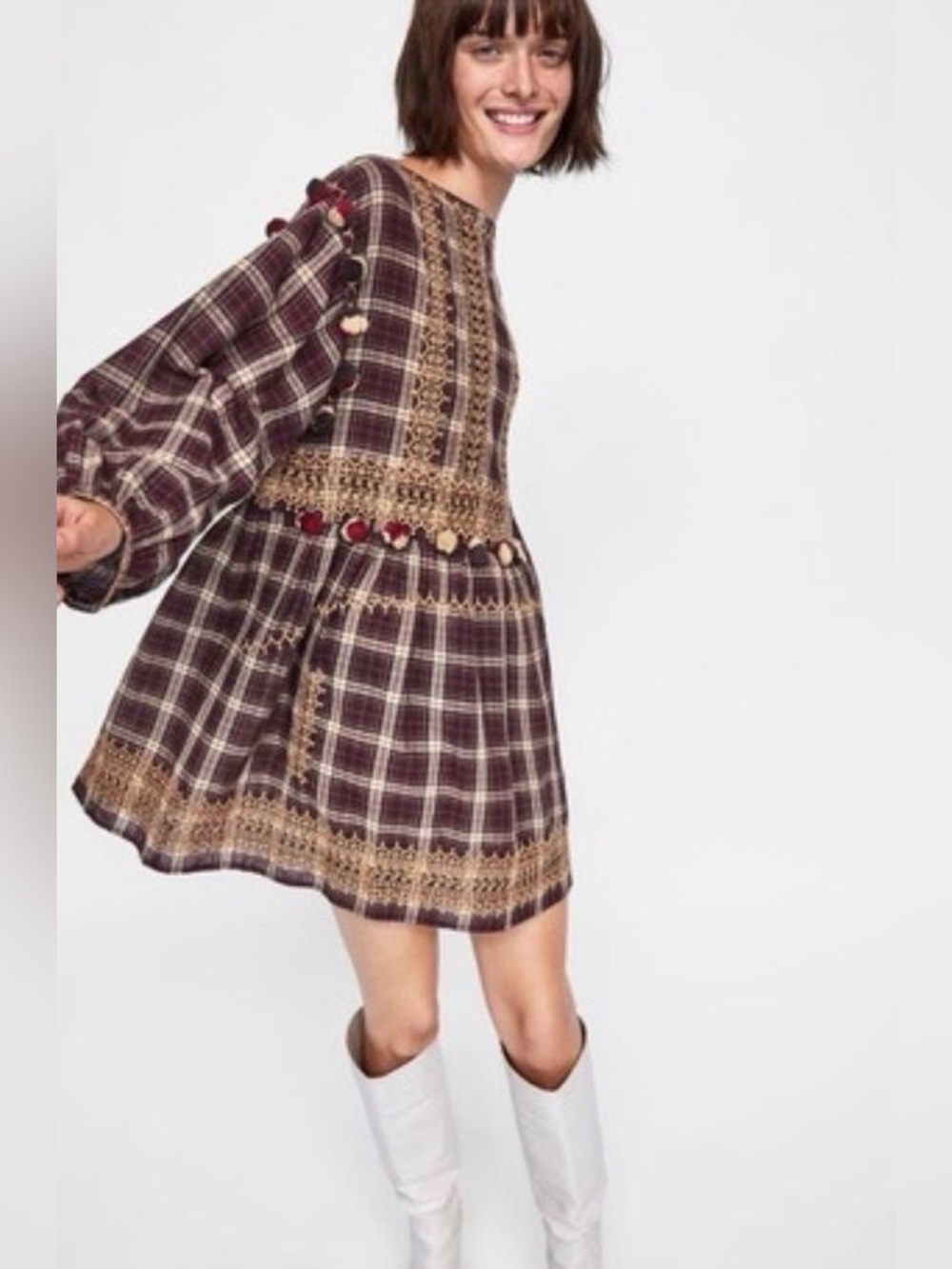 Zara Plaid Peasant Mini Pom Dress with Embroidered Trim - Burgundy Size M #1250